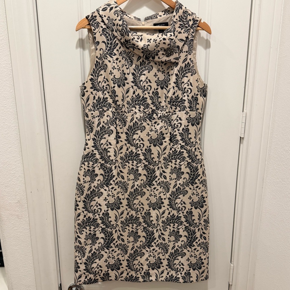 Tahari ASL Jacquard Envelope Neck & Brooch Sheath Dress